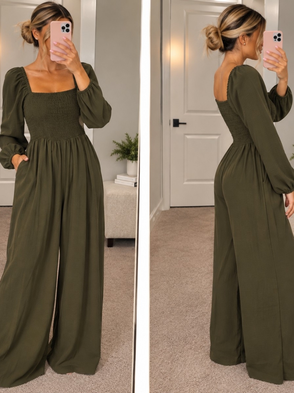 Dokotoo Olive Green Smocked Wide Leg Jumpsuit | Size L